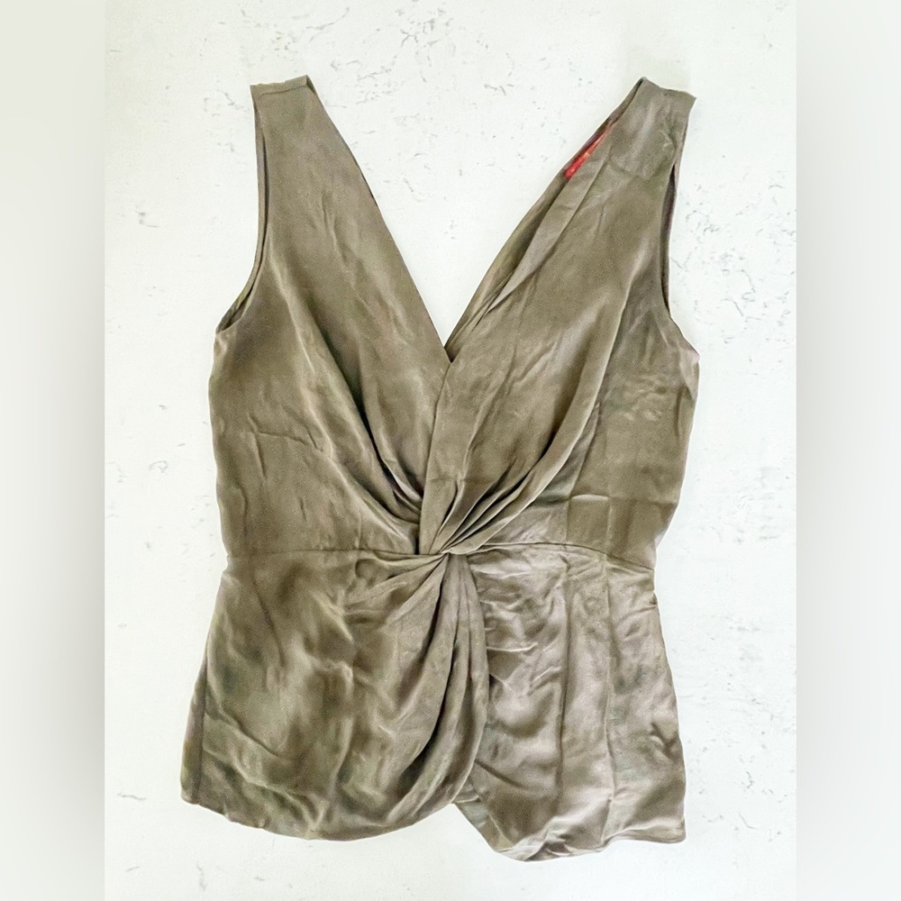 7 FOR ALL MANKIND Ruched Olive Drab 100% Silk Sleeveless Top Shirt Size Small